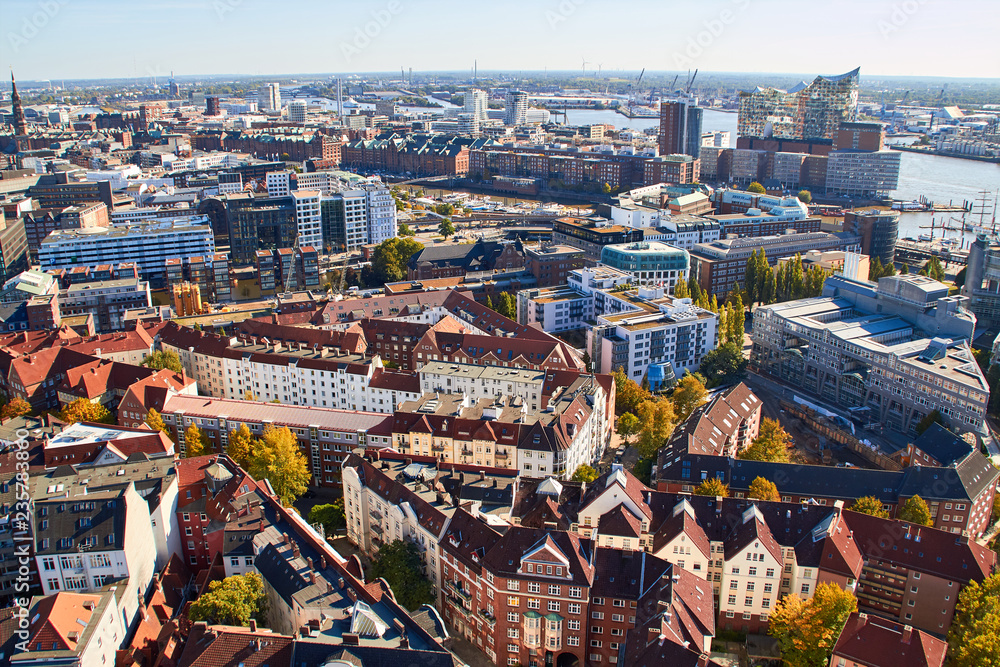 City streets of Germany. Panoramic view of the city of Hamburg from a height. Photo of Hamburg from a height. Cityscape houses and streets. View of Elbphilharmonie