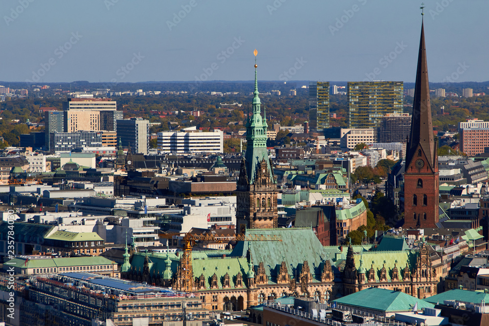 City streets of Germany. Panoramic view of the city of Hamburg from a height. Photo of Hamburg from a height. Cityscape houses and streets.