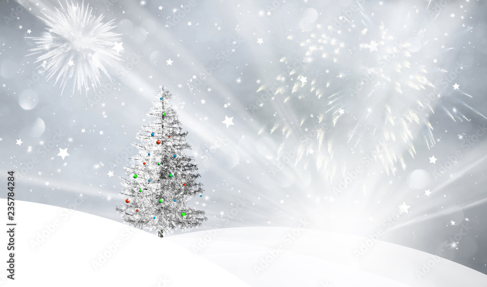 Snowfall landscape with sun beams and with snowy Christmas tree colorful bulbs decoration illustration background.