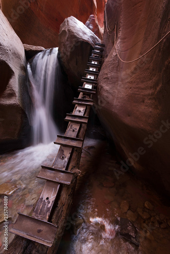 First ladder and waterfall in Kanarra Canyon, Utah