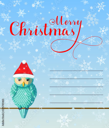 Christmas Greeting card with cute turquoise owl wear red hat on blue background with snowflakes.