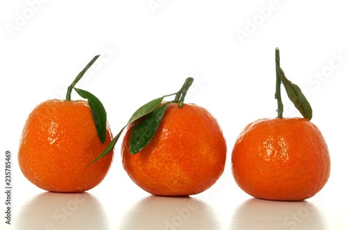 tangerines with green leaves isolated on white background