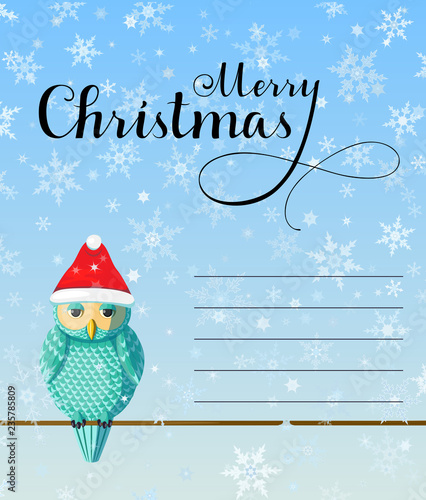 Christmas Greeting card with cute turquoise owl wear red hat on blue background with snowflakes.