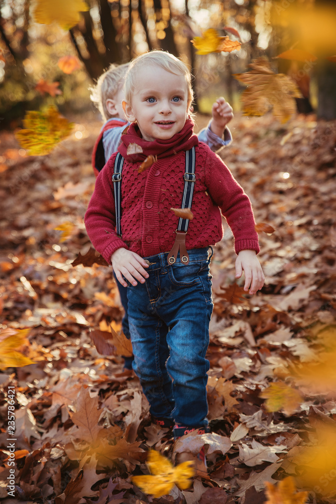 Cute twins looking at falling down autumnal leaves