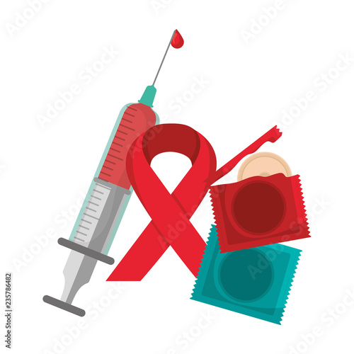 red ribbon with syringe and condoms hiv fight