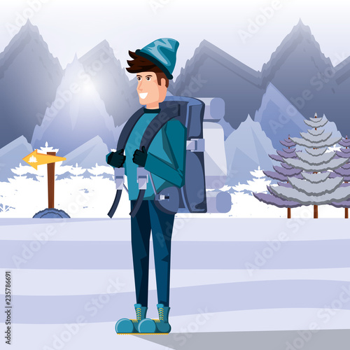 man tourist in camping snow zone