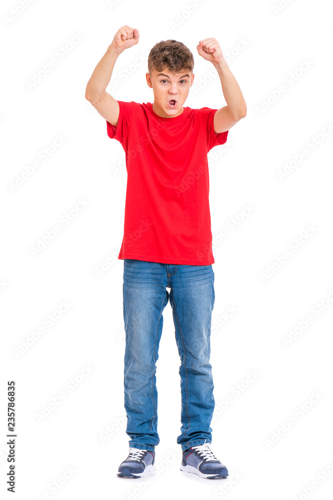 Full length portrait of young caucasian teen boy isolated on white background. Victory screaming funny teenager. Handsome winner child with his hands up looking at camera. Full length portrait of young caucasian teen boy isolated on white background. Victory screaming funny teenager. Handsome winner child with his hands up looking at camera.