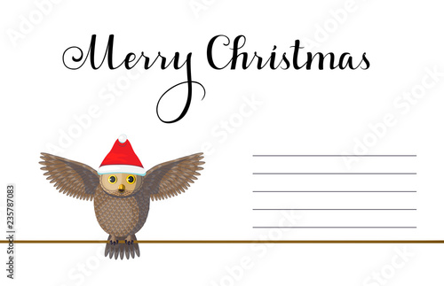 Christmas Greeting card with cute brown owl wear red hat on white background.
