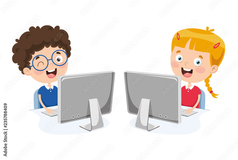 Vector Illustration Of Kids Using Computer