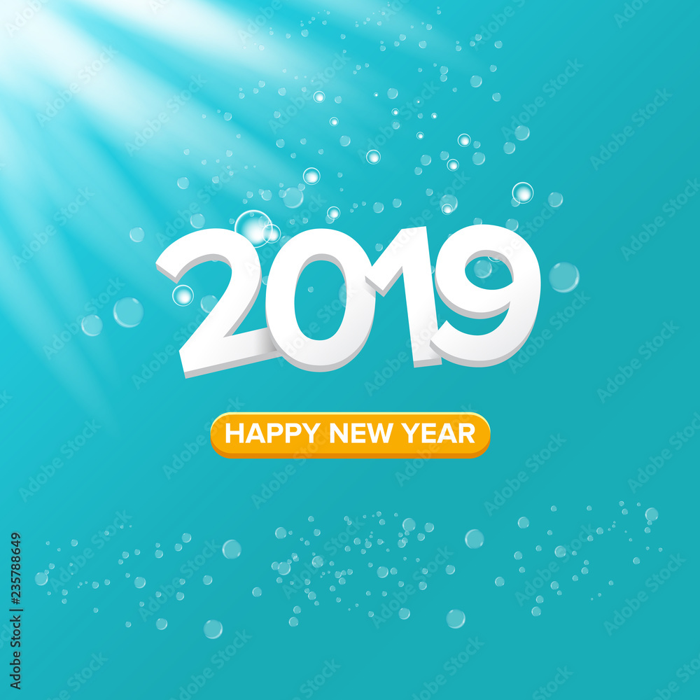 2019 Happy new year creative design background or greeting card. 2019 new year numbers on azure christmas background with lights
