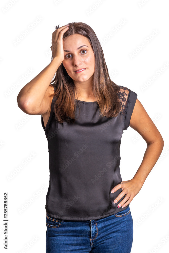 worried and surprise young woman isolated on a white background worried and surprise young woman isolated on a white background