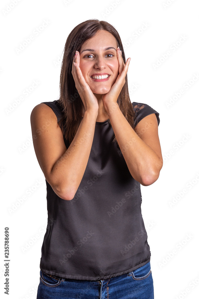 young woman touching her face isolated on a white background young woman touching her face isolated on a white background