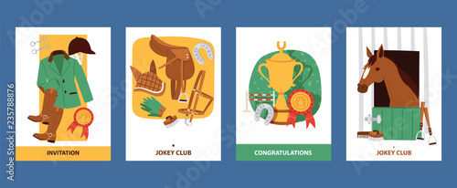 Jokey cards with clothing for horsemen, boots, trousers, helmet, gloves, equipment for horse riding. Invitation and greeting cards for jokey club vector illustration.