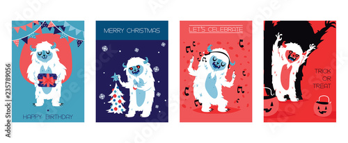 Yeti bigfoot characters cards for birthday, christmas, halloween. Vector illustration. Let s celebrate. Trick or treat. Monsters with gifts, New year tree, earphones, pumpkin.