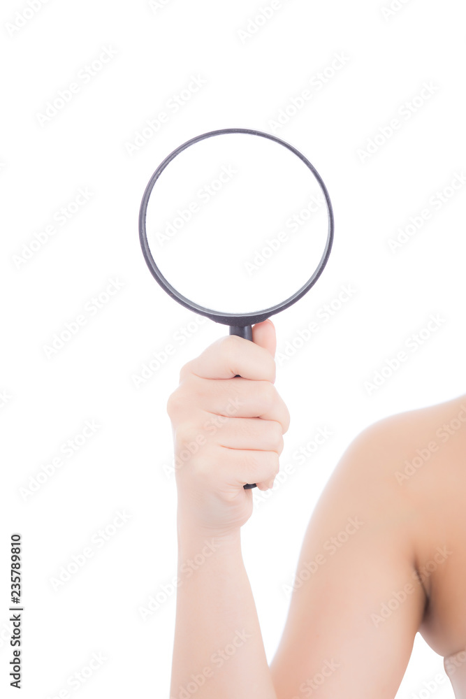 Closeup hand woman holding magnifying glass isolated on white background, detective and search for analyse, vision concept. Closeup hand woman holding magnifying glass isolated on white background, detective and search for analyse, vision concept.