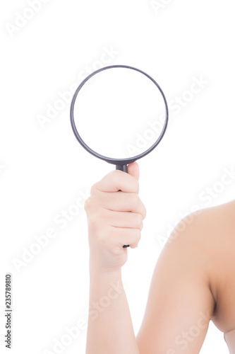 Closeup hand woman holding magnifying glass isolated on white background, detective and search for analyse, vision concept.
