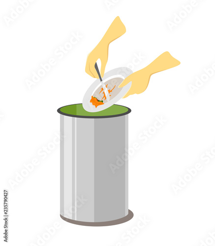 Remains of food waste are thrown into the bin, illustration isolated on white background