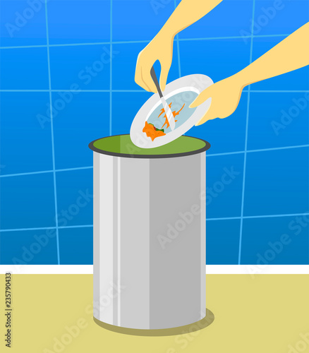 Biological waste is thrown into the trash from the plate. Flat style illustration