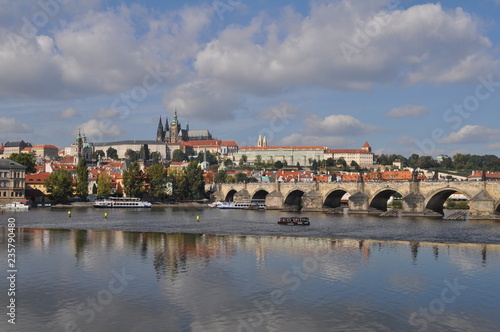 Historical center in Prague. Travel to the Czech Republic. Vltava River and Charles Bridge.