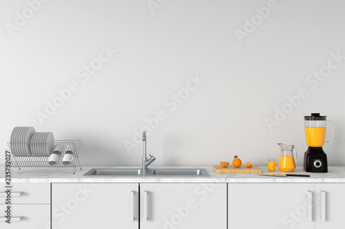 Modern white kitchen countertop with sink for mockup, 3D rendering