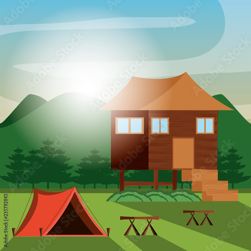 camping zone with house wooden