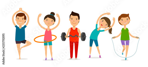 People involved in sports. Fitness, gym, healthy lifestyle concept. Cartoon vector illustration