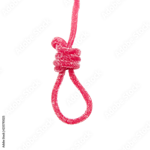 candy slipknot. Sugar addiction, dependence on sweet. hangman noose made of sweets. the concept of diabetes, unhealthy eating, harm of sugar for health. isolated on a white background