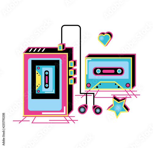 walkman with headphones and cassette of nineties retro