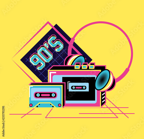 walkman with headphones and cassette of nineties retro