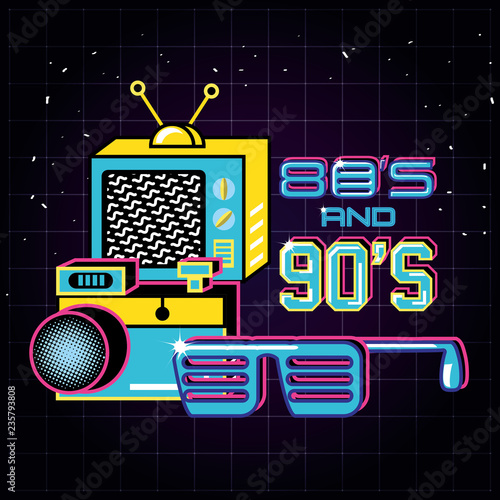 televisor with icons of eighties and nineties retro