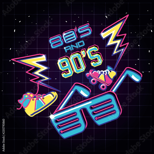 party glasses with icons of eighties and nineties retro