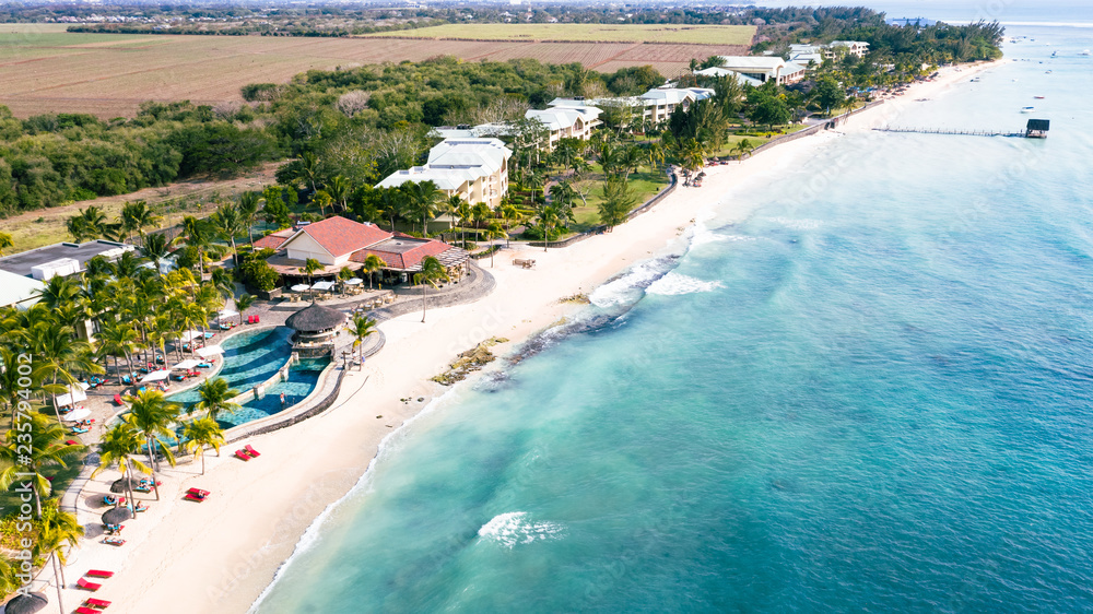 Aerial view of a wonderful beach resort on Mauritius
