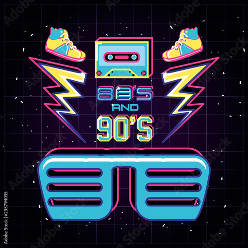 party glasses with icons of eighties and nineties retro