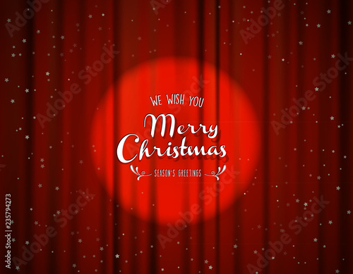 Merry Christmas vector illustration with many stars on red curtain background.