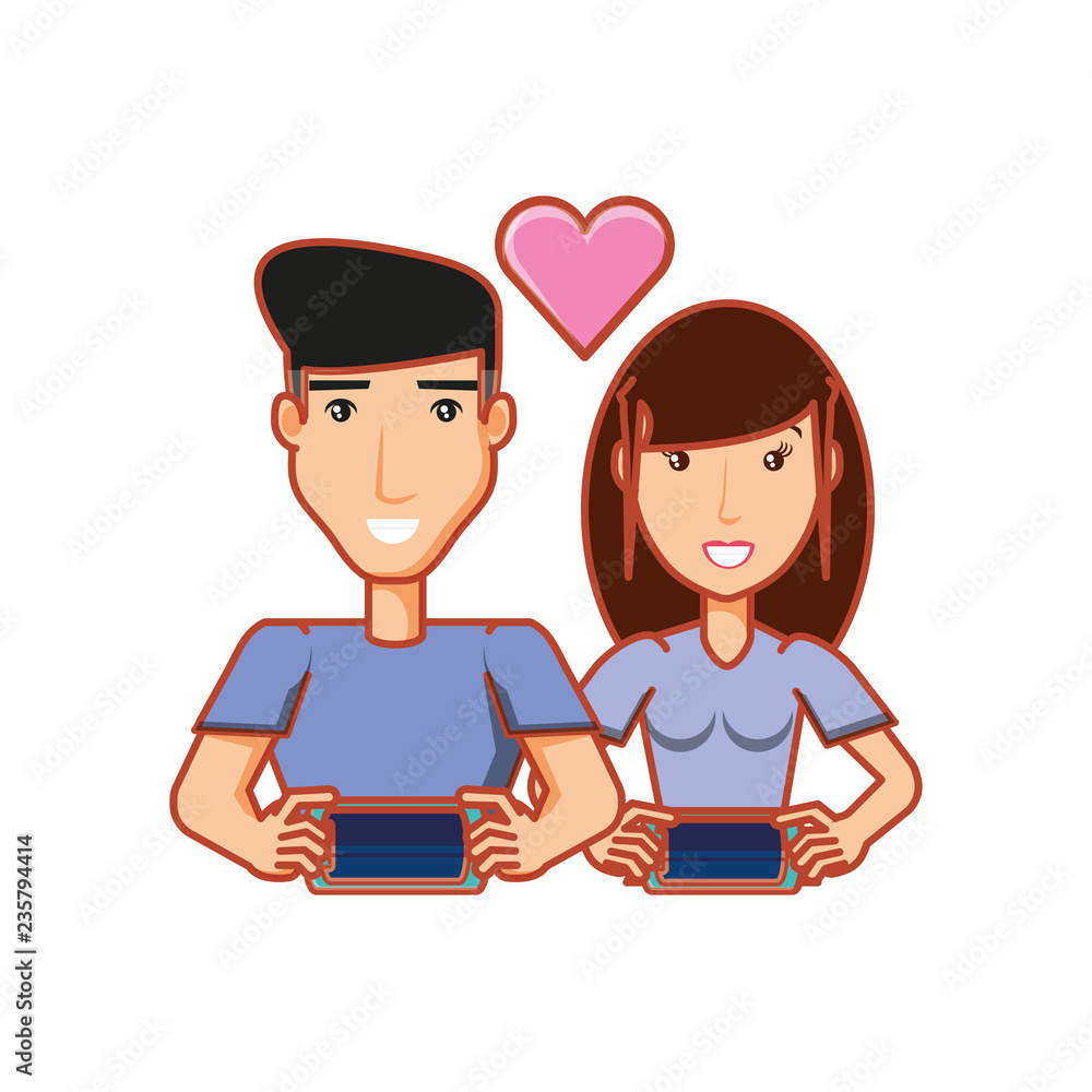 young couple with smartphones devices young couple with smartphones devices