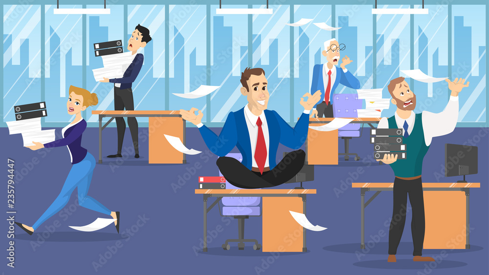Businessman sitting on the table in lotus pose during deadline Businessman sitting on the table in lotus pose during deadline