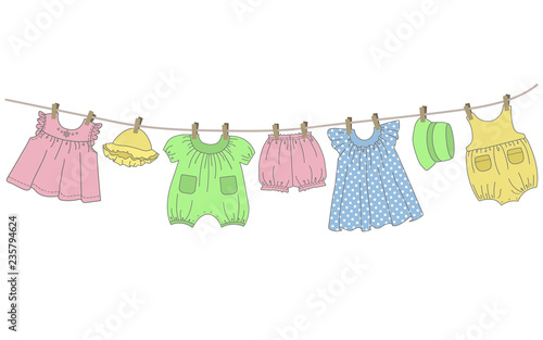 Baby clothes hang on the clothesline. Things are dried on clothespins after washing. Vector illustration on a white background