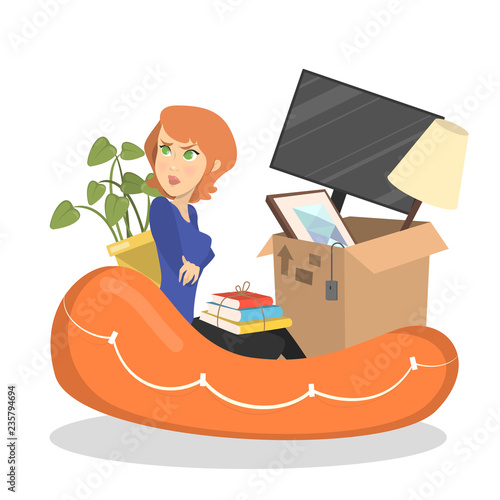 Woman in the flooded apartment. Emergency case