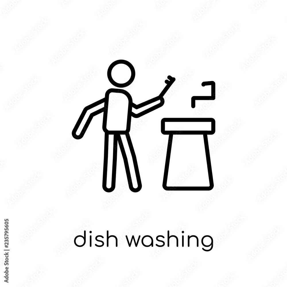 Dish Washing icon. Trendy modern flat linear vector Dish Washing icon on white background from thin line Activity and Hobbies collection Dish Washing icon. Trendy modern flat linear vector Dish Washing icon on white background from thin line Activity and Hobbies collection