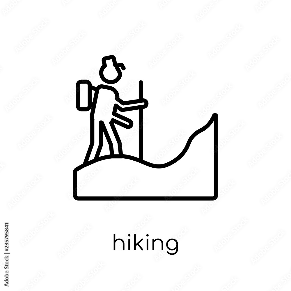 Hiking icon. Trendy modern flat linear vector Hiking icon on white background from thin line Activity and Hobbies collection Hiking icon. Trendy modern flat linear vector Hiking icon on white background from thin line Activity and Hobbies collection