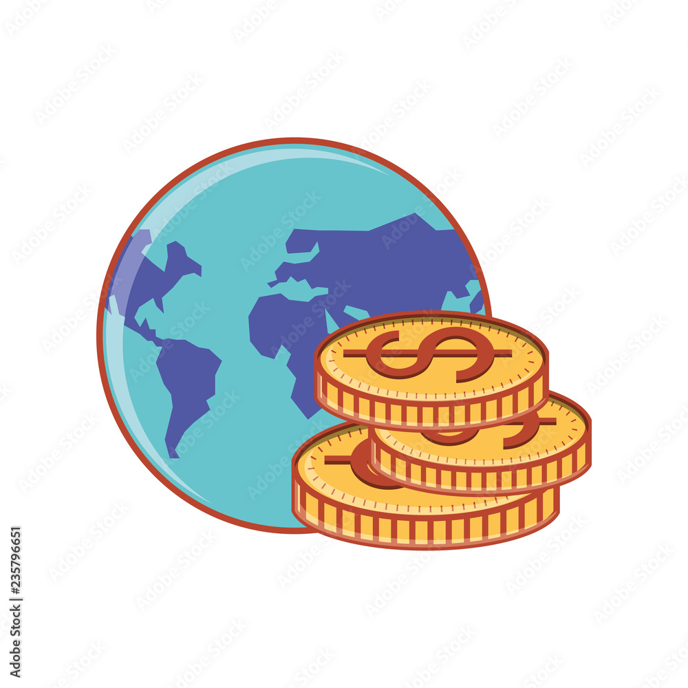 world planet with pile of coins dollar world planet with pile of coins dollar