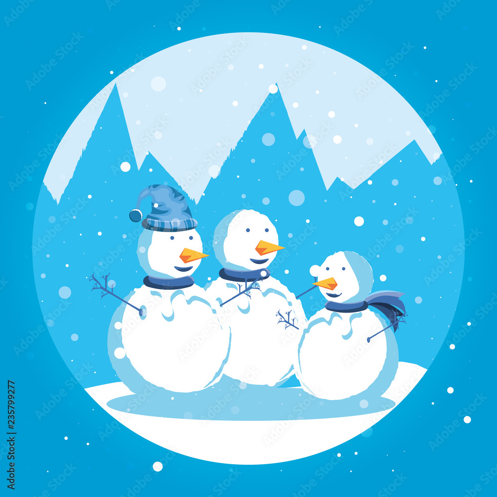 group snowmen with winter landscape of christmas group snowmen with winter landscape of christmas