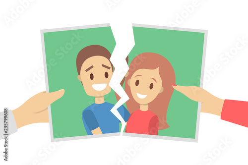 Torn photo of couple. Idea of divorce and break up