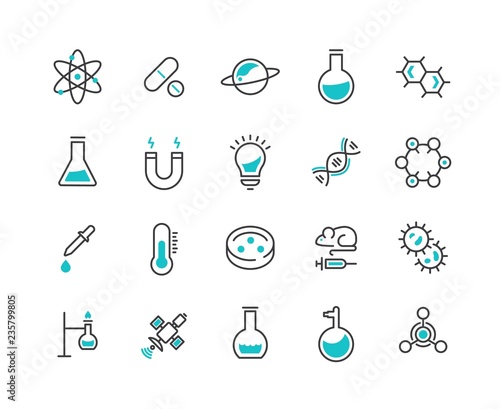 Science line icons. Trendy thin elements of biology, astronomy, physics, science test, lab. Vector illustration