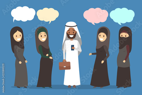 Polygamy arabic family. Girl in hijab. Man with many wifes