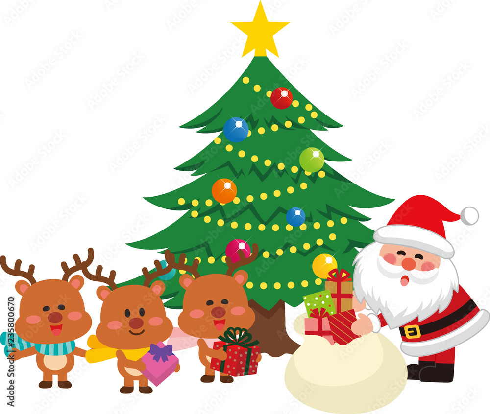 サンタクロースとクリスマスツリーセット3。袋からプレゼントを出すサンタクロース。ベクター素材。 サンタクロースとクリスマスツリーセット3。袋からプレゼントを出すサンタクロース。ベクター素材。
