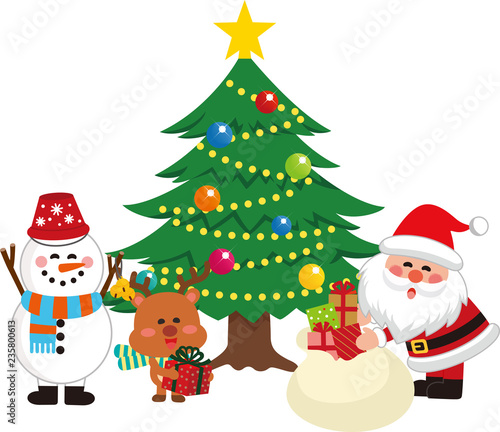 サンタクロースとクリスマスツリーセット2。袋からプレゼントを出すサンタクロース。ベクター素材。