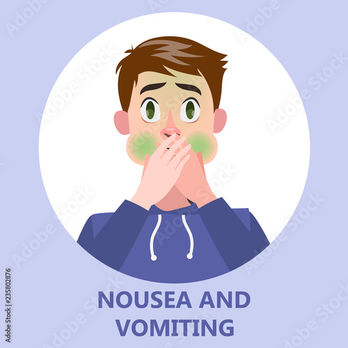 Man suffer from nausea. Symptom of disease