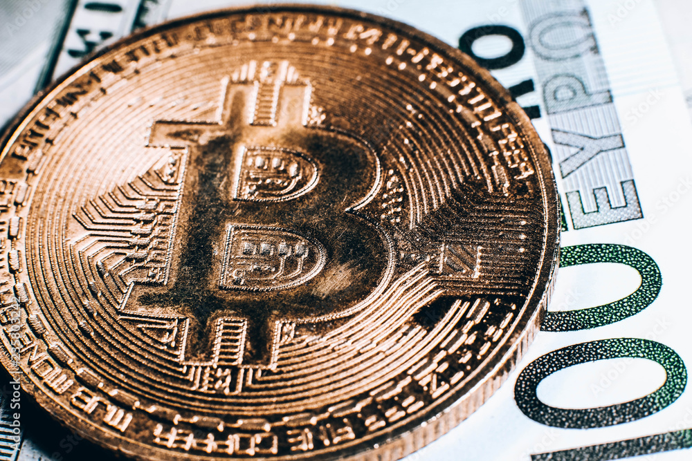  Bitcoin cryptocurrency, a coin on banknotes.