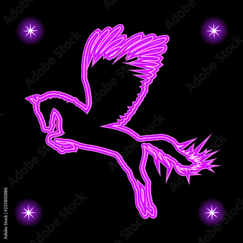 Glowing silhouette of flying in pegasus - vector image